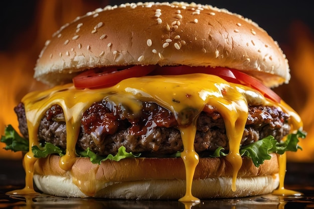 Cheeseburger con queso goteante y salsa