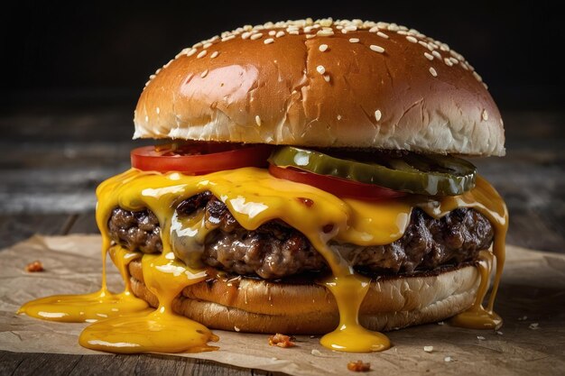 Foto cheeseburger con queso goteante y salsa