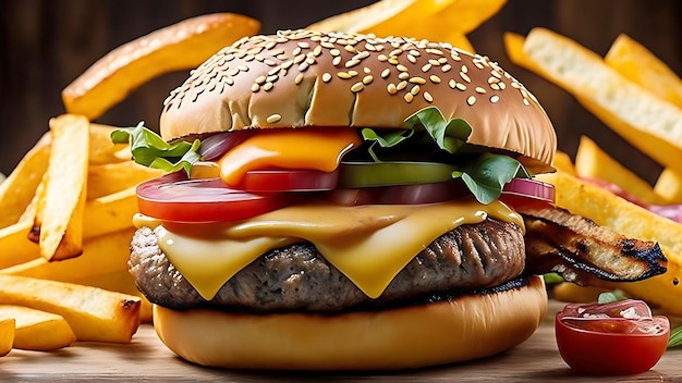 Cheeseburger recién asado con tomate y papas fritas