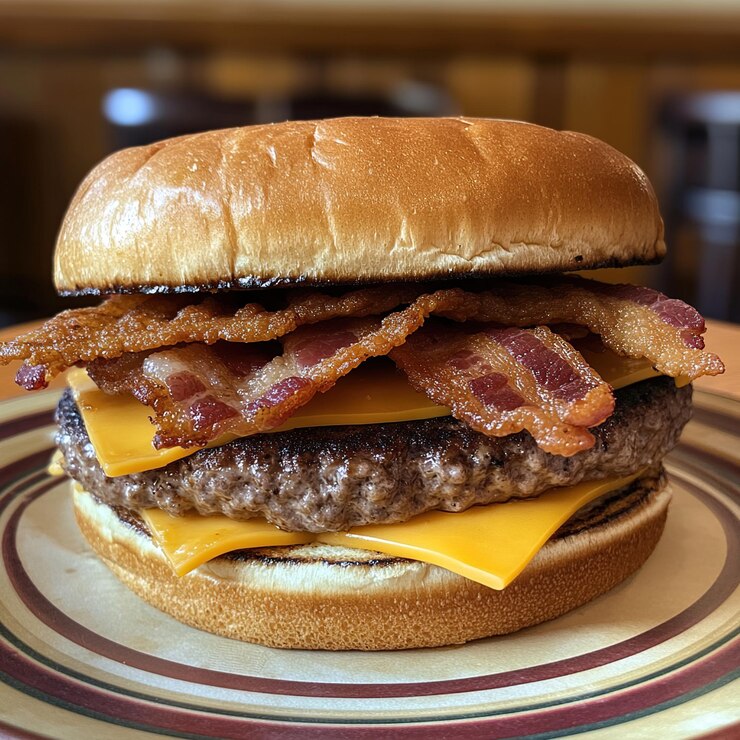 Cheeseburger suculento coberto com bacon crocante em um pão torrado