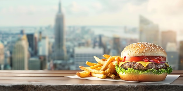 Foto cheeseburger und pommes frites mit stadtbild im hintergrund