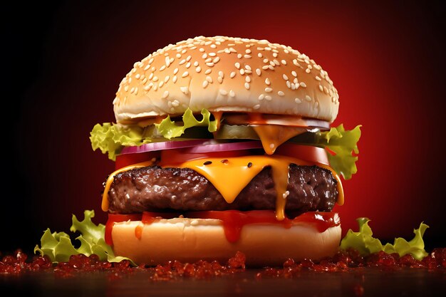 Cheeseburger con verduras en una mesa de madera contra el fondo del estudio