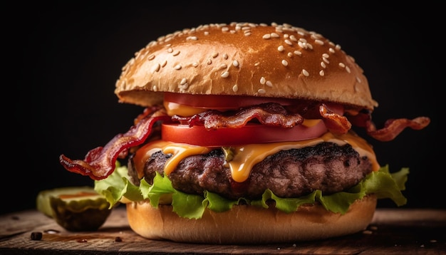 Cheeseburguer grelhado em pão rústico com batata frita gerada por IA