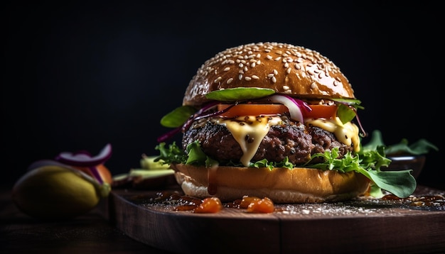 Cheeseburguer grelhado em pão rústico com batata frita gerada por IA