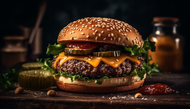 Cheeseburguer grelhado em pão rústico de gergelim gerado por IA