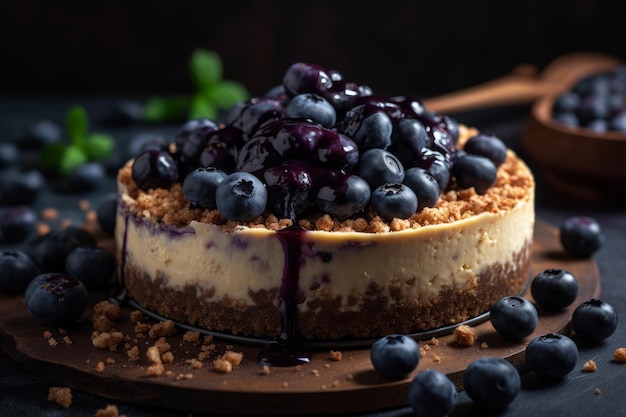 Un cheesecake de arándanos con arándanos encima