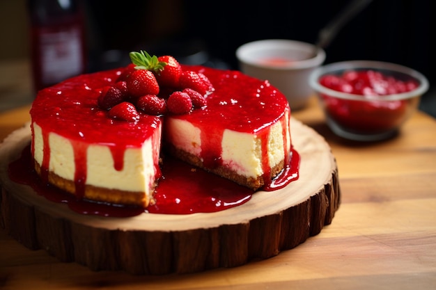 Cheesecake caseiro com molho de morango Combinação de sabor doce e picante