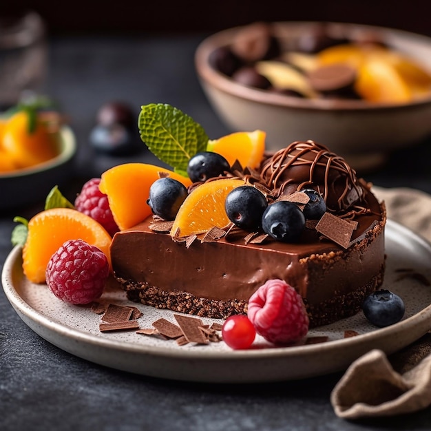 Cheesecake de chocolate decorado con bayas, frutos secos y glaseado de chocolate IA generativa