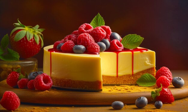 Cheesecake com framboesas e mirtilos em cima Generative AI