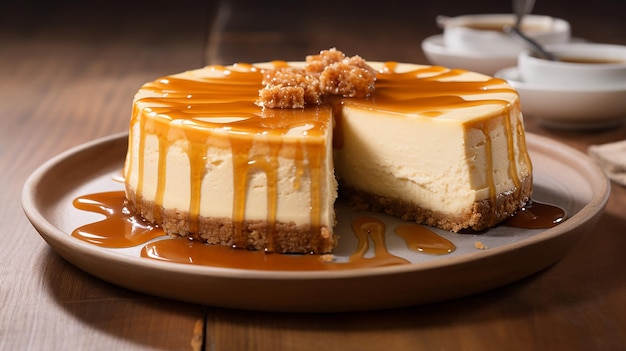 Cheesecake de caramelo com textura aveludada de creme e calda de caramelo