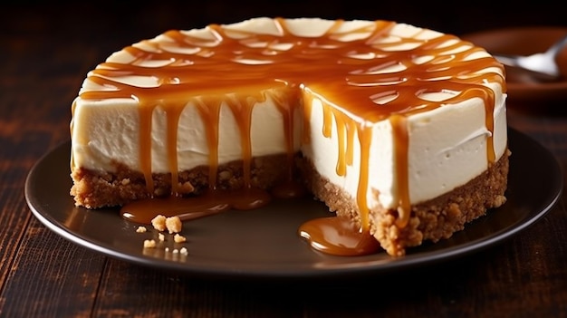 Cheesecake de caramelo com textura aveludada de creme e calda de caramelo