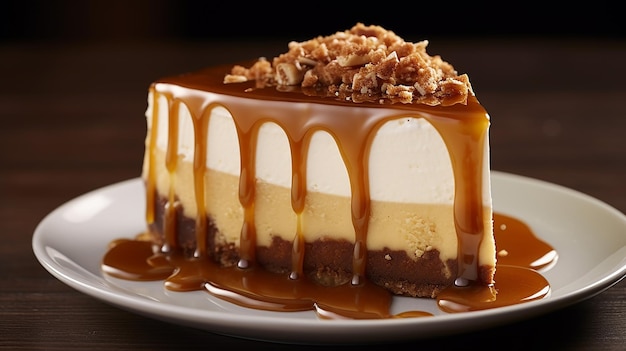 Cheesecake de caramelo com textura aveludada de creme e calda de caramelo