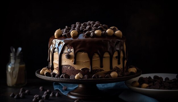 Cheesecake de chocolate caseiro indulgente na mesa de celebração gerada por inteligência artificial