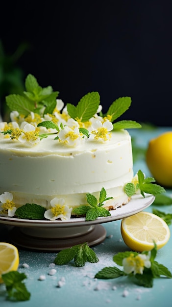 Cheesecake de limão com doçura picante com folhas de hortelã e flores delicadas
