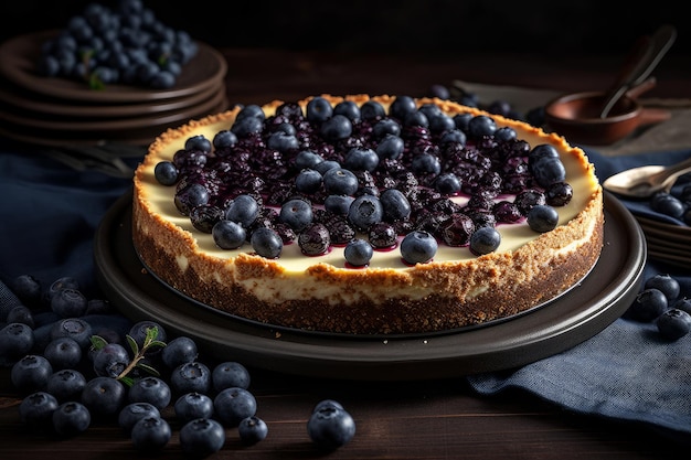 Cheesecake de mirtilo com mirtilos em uma mesa