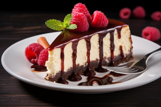 Cheesecake mit Schokolade Ganache und Himbeeren reichhaltiges und dekadentes Dessert