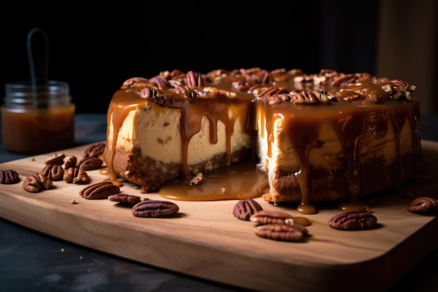 Cheesecake de nuez y caramelo con corteza de galleta graham creada con ai generativa