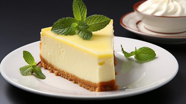 Cheesecake-Schüssel mit weißer Platte auf weißem Hintergrund, die von KI generiert wird