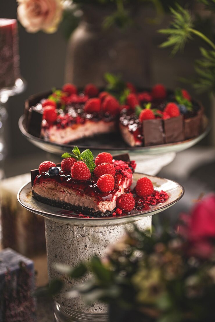 Cheeseckae con topping de gelatina de frambuesa