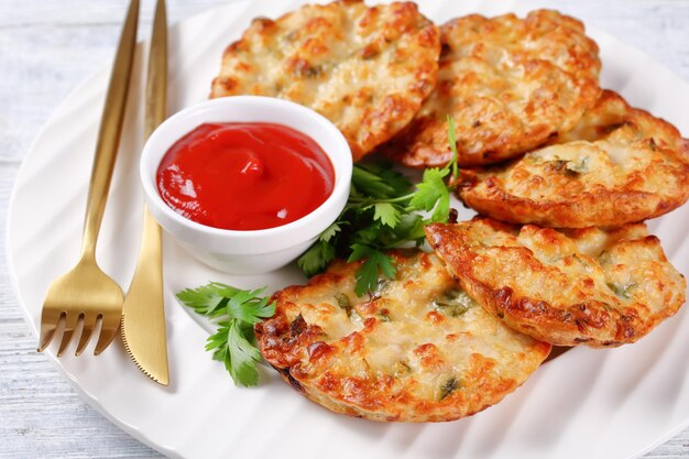 Cheesy Chicken Fritters Hühnerbrustpasteten, serviert mit Tomatensauce auf einem weißen Teller mit goldenem Besteck in der Nähe