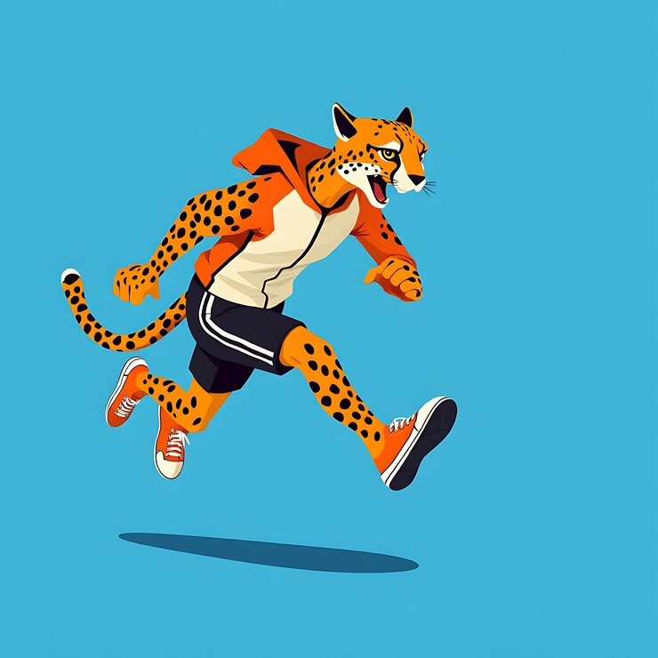Foto cheetah atleta correndo com ação sprinting pose vestindo um terno e tênis 2d vivo oran