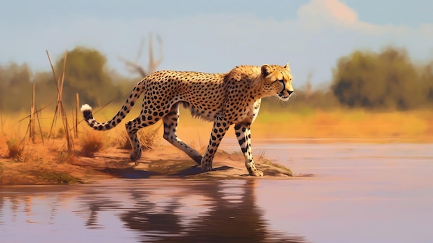 Cheetah caçando presas furtivamente na savana Arte digital realista generativa Ai