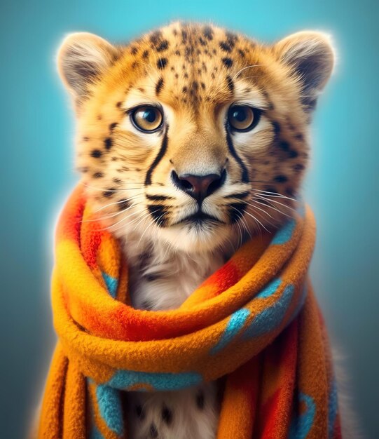 Cheetah com lenço em um retrato de fundo cinzento criado por tecnologia de ia generativa