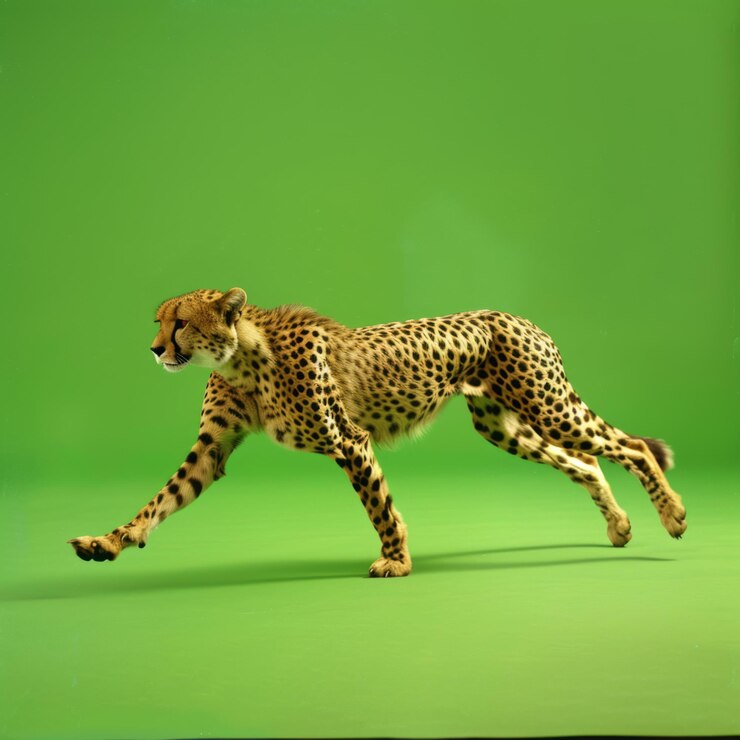 Foto cheetah correndo em fundo de tela verde