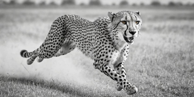 Cheetah correndo na grama em preto e branco