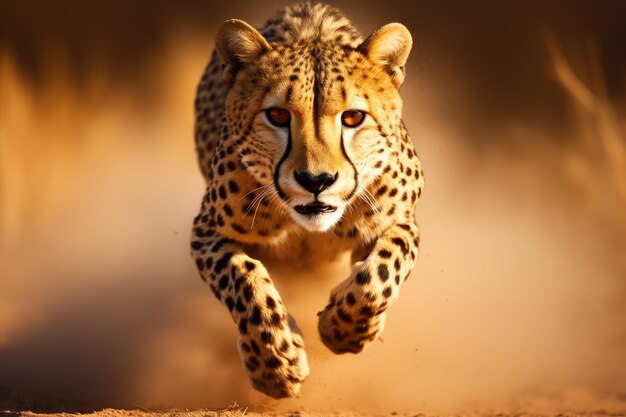 Foto cheetah corriendo en el parque nacional kruger sudáfrica especie acinonyx jubatus familia de felidae un cheetah en medio sprint persiguiendo a su presa en la sabana africana ai generado