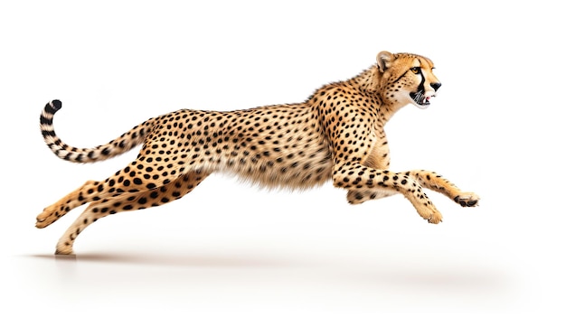 Cheetah corriendo preparándose para saltar toda la longitud de su cuerpo sobre un fondo blanco aislado