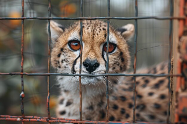 Cheetah detrás de las rejas mirando con ojos tristes