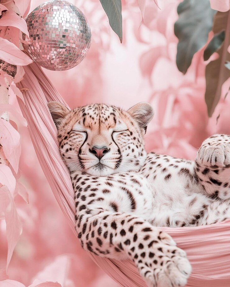 Foto cheetah dormindo em uma selva de hamaca com folhas cor-de-rosa e verde uma bola de espelho de discoteca de prata pendurada