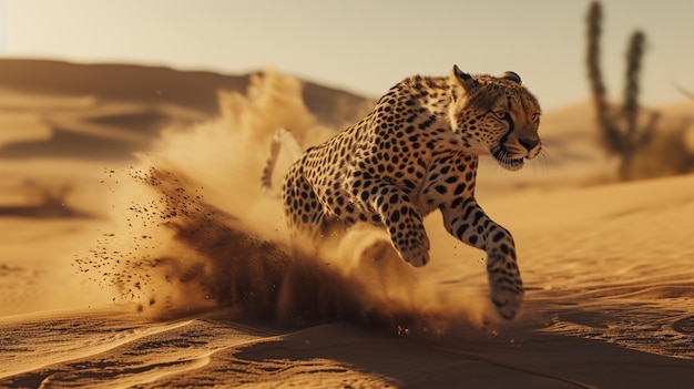 Cheetah em passo dinâmico através das areias áridas