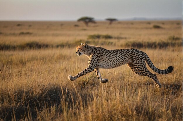 Cheetah esbelto correndo através das pastagens