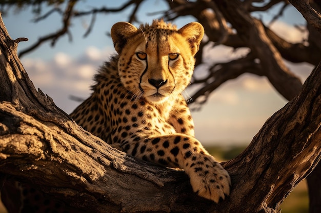 Cheetah liegt auf einem Baumstamm im Serengeti-Nationalpark in Tansania Ein Cheetah wird auf einem Baum im Serengetti-Nationalpark im Tansania-Nationalpark gesichtet.