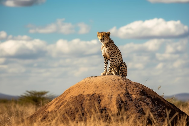 Cheetah livre em um monte observando em torno em Serengeti IA generativa
