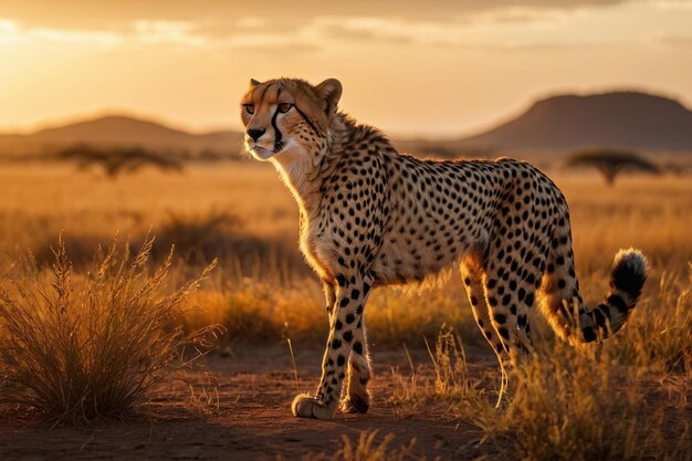 Foto cheetah majestoso na luz dourada da savana