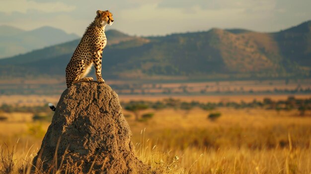 Cheetah pesquisando a savana do monte de cupins ao pôr-do-sol