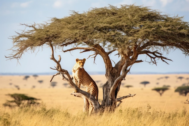 Cheetah sitzt auf einem Akazienbaum im Serengeti-Nationalpark in Tansania Ein Cheetah wird auf einem Baum im Serengetti-Nationalpark im Tansania-Nationalpark gesichtet.