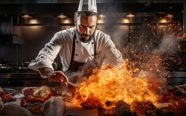 Foto chef de accidente culinario atendiendo un plato quemado