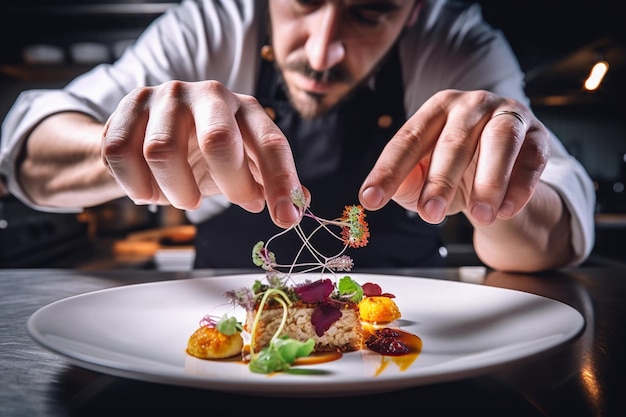 Foto chef adornando un exquisito plato de comida