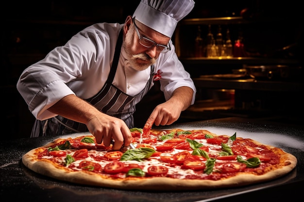 Un chef adornando una pizza de carne con hojas de albahaca frescas