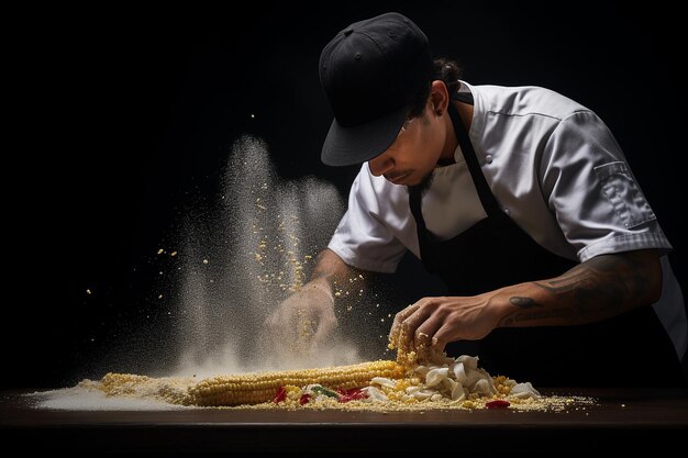 Un chef adornando un plato de maíz callejero mexicano con polvo de chile