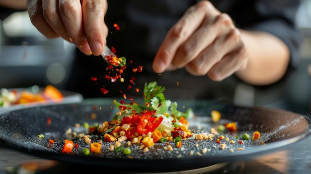 Foto un chef adornando un plato tailandés con chiles triturados y granos de pimienta molida añadiendo una ráfaga de sabor y color a la presentación