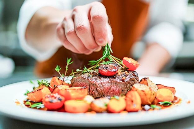 Chef adornando pratos com precisão na cozinha