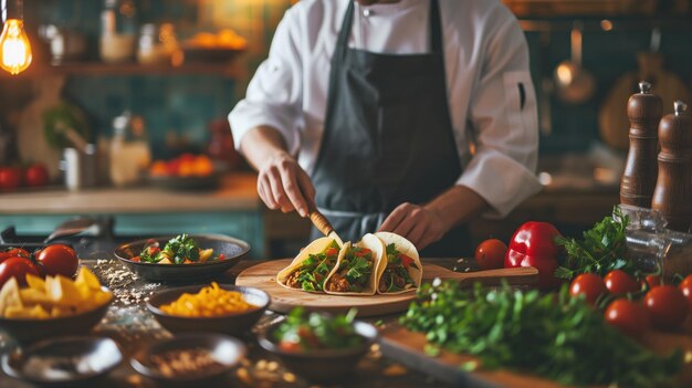 Chef adornando tacos en una cocina