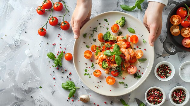 Chef adornando uma salada fresca com suculentos camarões apresentação culinária em um ambiente de cozinha moderna apetitoso cores vibrantes perfeitas para blogueiros de comida AI