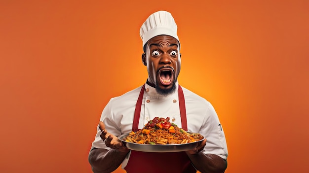 Chef afro-americano masculino com prato saboroso na cor de fundo