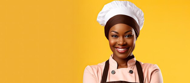 Una chef afroamericana sonriente sosteniendo un guante de horno contra un fondo amarillo